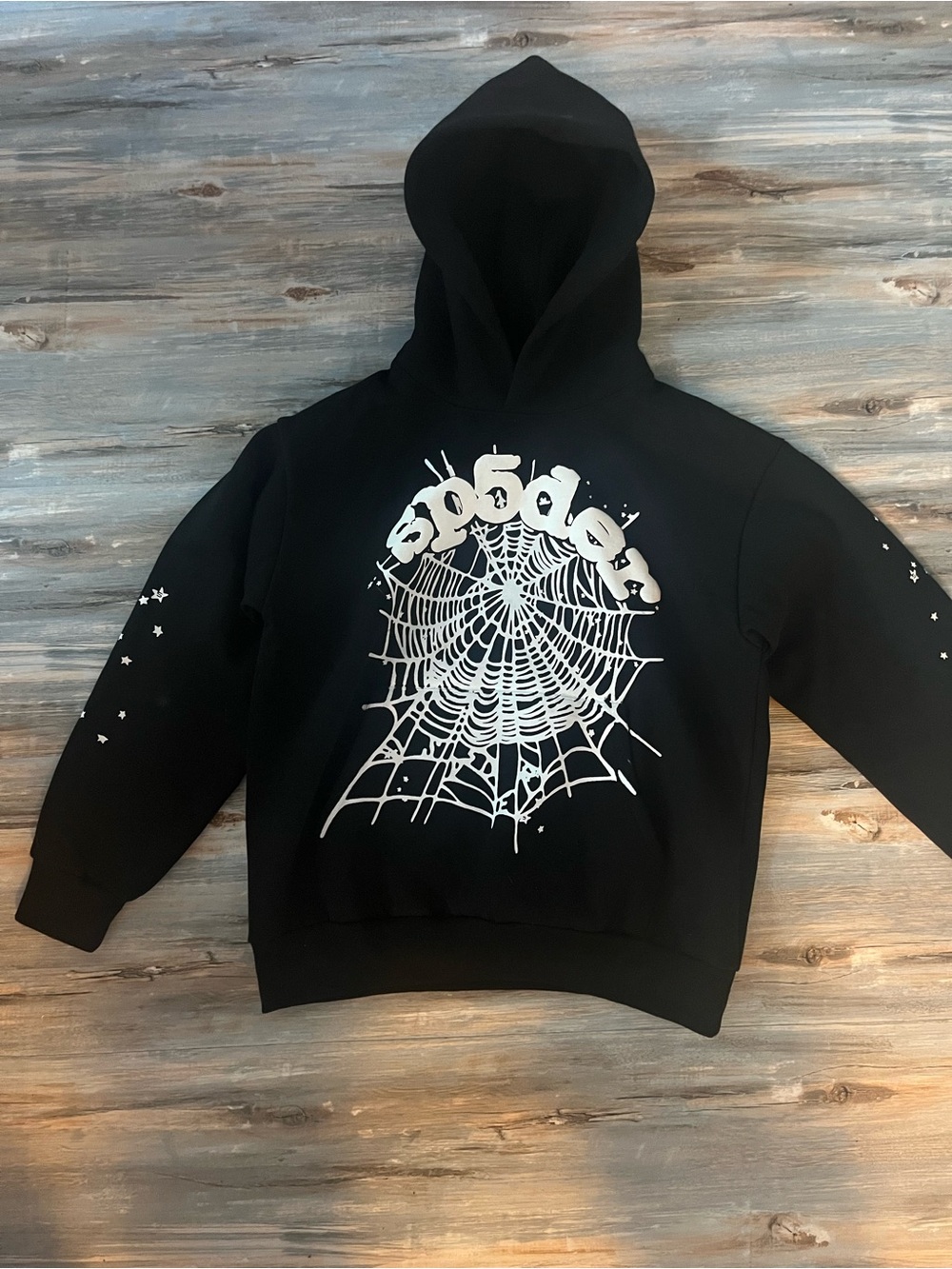 Black Crewneck Hoodie with White Spiderweb Graphic